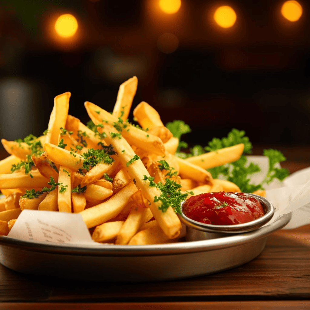 Golden French fries with parsley garnishing and ketchup on side, served on a metal plate, restaurant style.